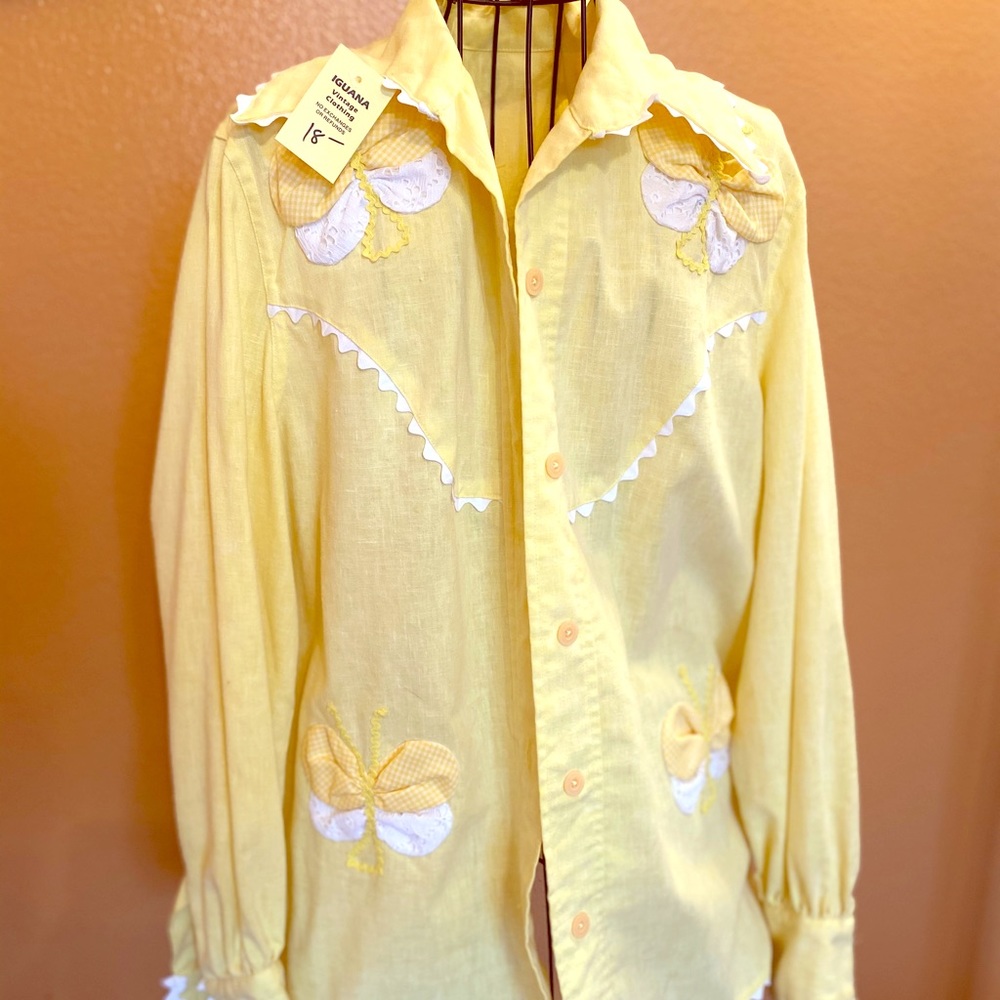 Vintage Button Down YLW Shirt w/ Butterfly Decals